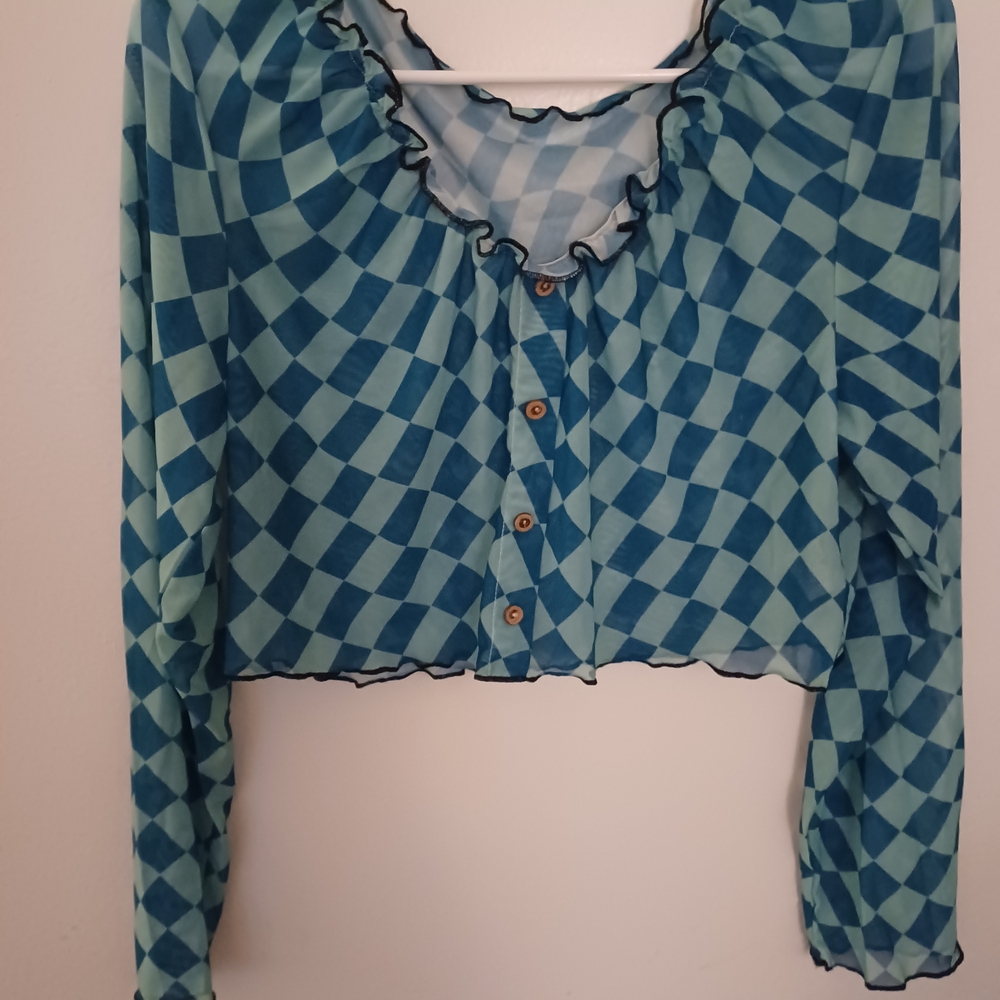 SHEIN Blue Checkered Blouse with Ruffle Trim